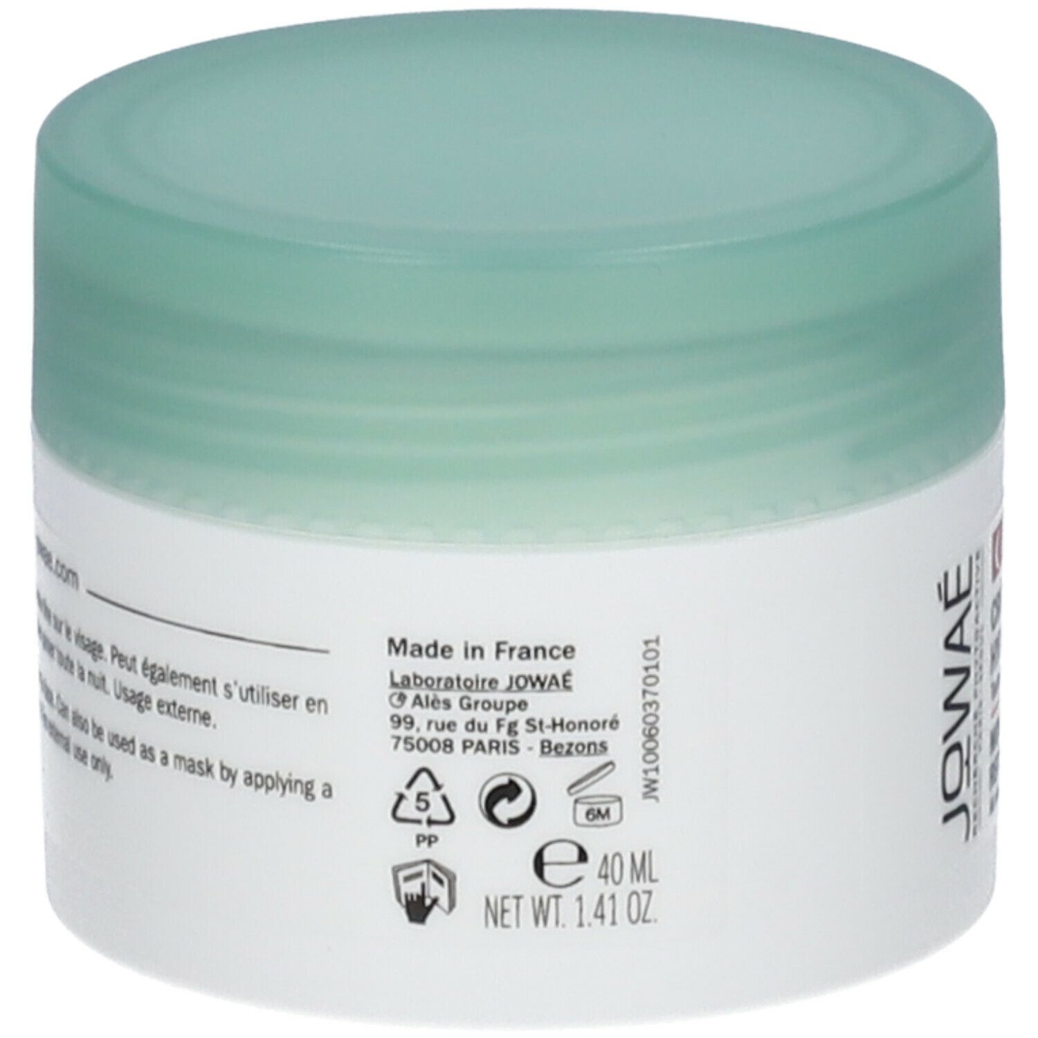Dos du pot de crème-masque. Inscription: Made in France, JOWAE, 40 ml.