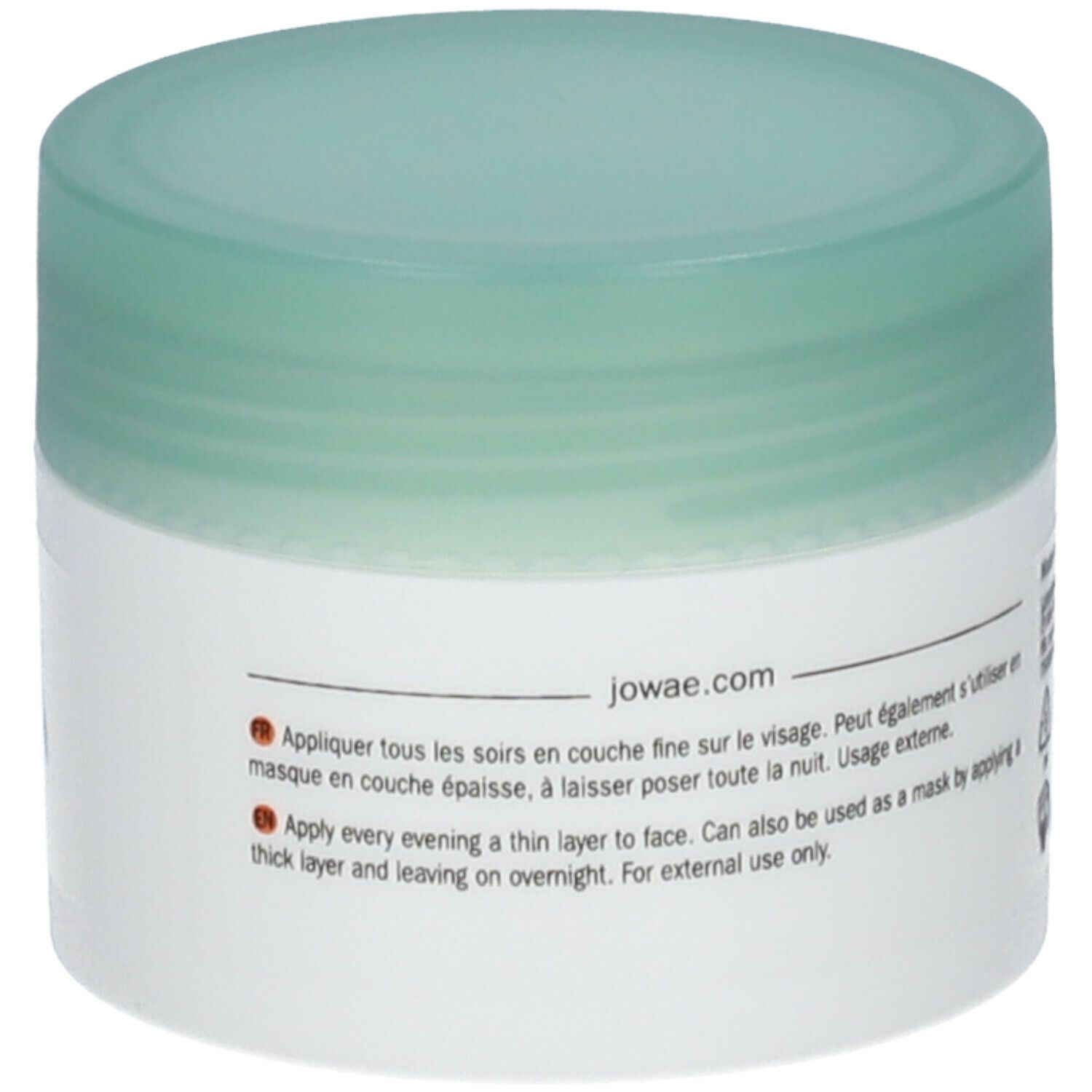 Côté du pot de crème-masque. Inscription: Instructions d'utilisation en français et en anglais.