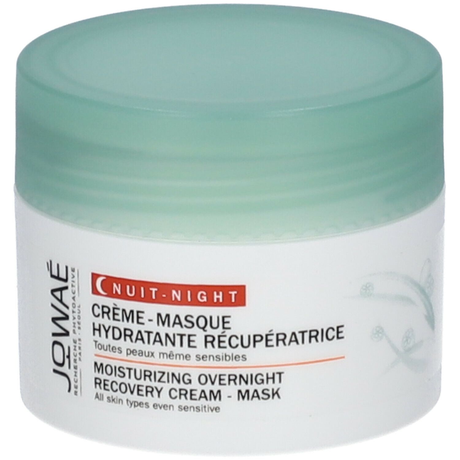 Pot de crème-masque avec couvercle vert. Inscription: JOWAE, Nuit-Night, Crème-Masque Hydratante Récupératrice.