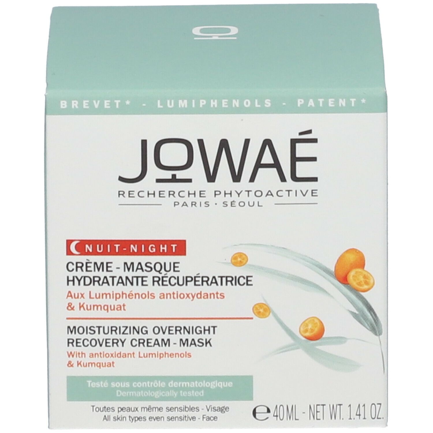 Emballage. Inscription: JOWAE, Nuit-Night, Crème-Masque Hydratante Récupératrice, 40 ml.