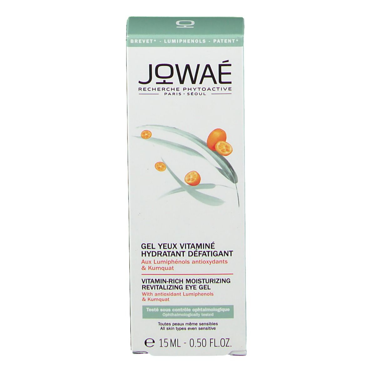 Emballage du produit. Blanc, vert. Logo Jowaé. Nom du produit : Gel Yeux Vitamine Hydratant Défatigant. Texte : 15 ml - 0.50 FL.OZ.