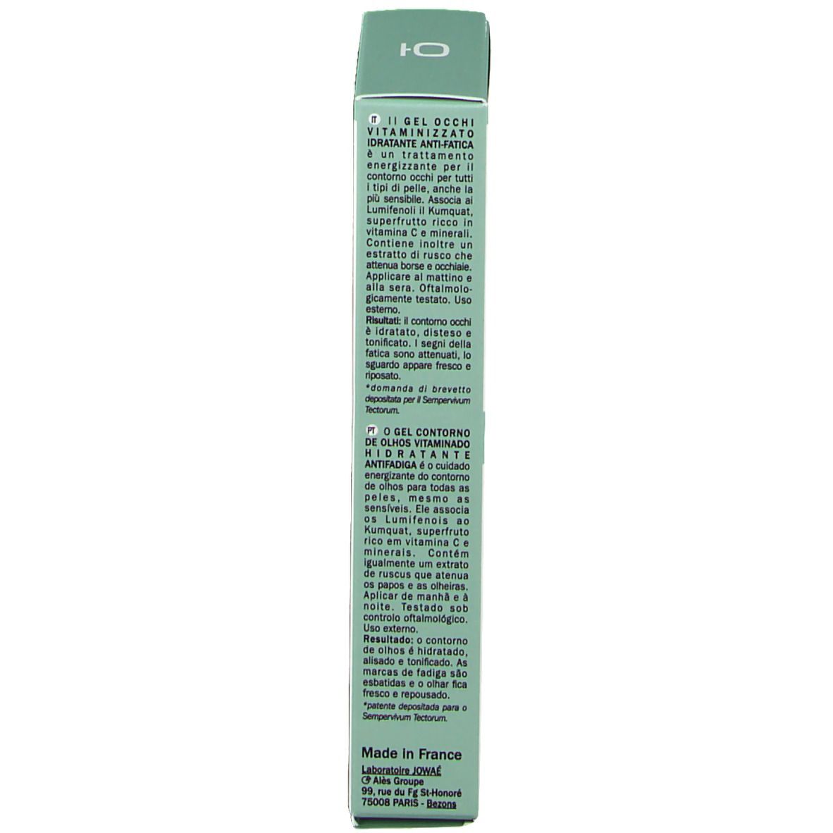 Côté de l'emballage du produit. Texte multilingue. Fond vert. Logo Jowaé. Fabriqué en France.