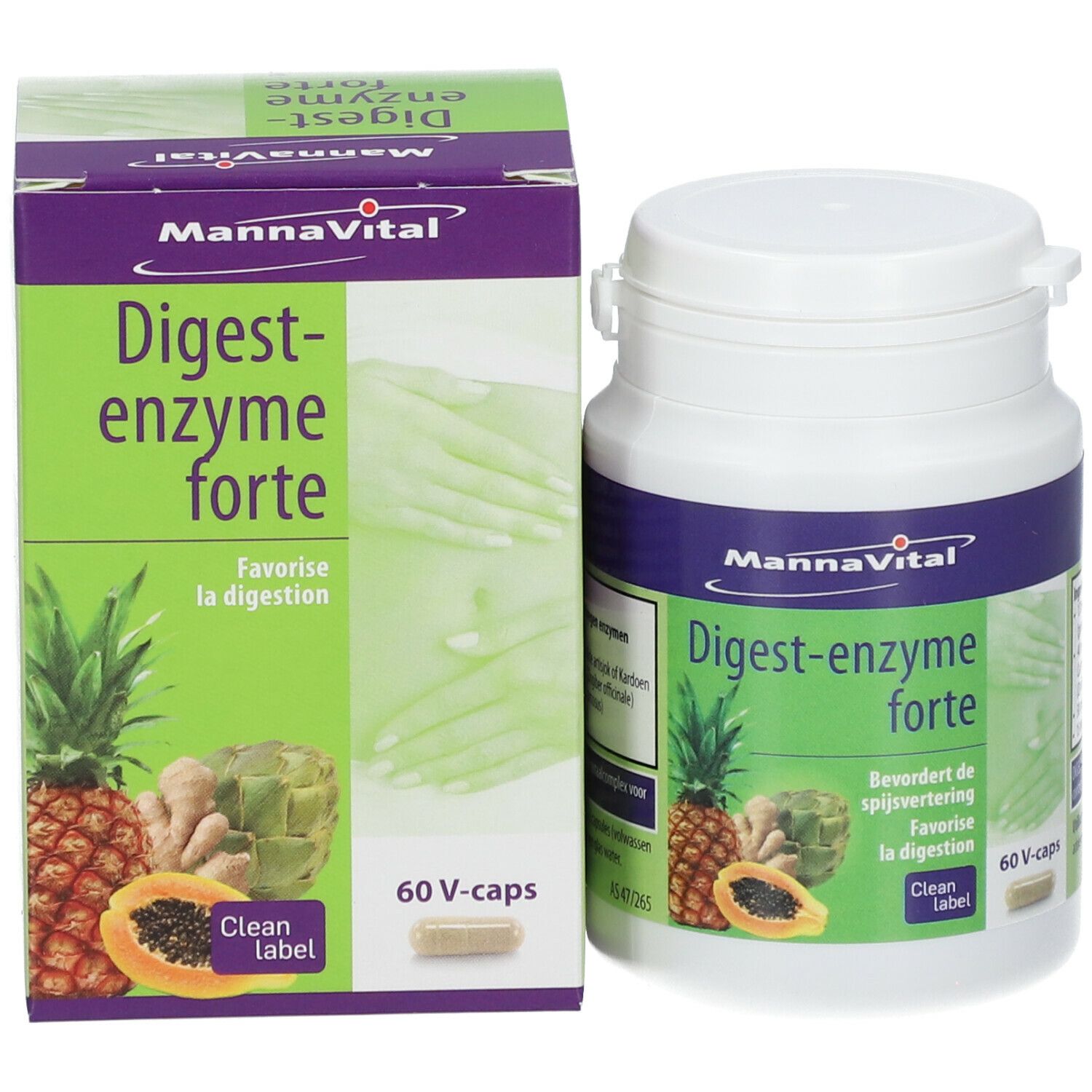 Produktverpackung mit Dose und Schachtel. Dose mit Produktnamen, Früchten. Schachtel mit Produktnamen.