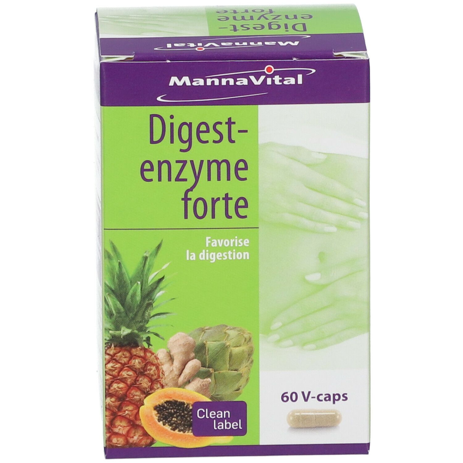 Produktverpackung, Schachtel. Produktname, Früchte-Illustration. 60 V-Kapseln. Clean Label.