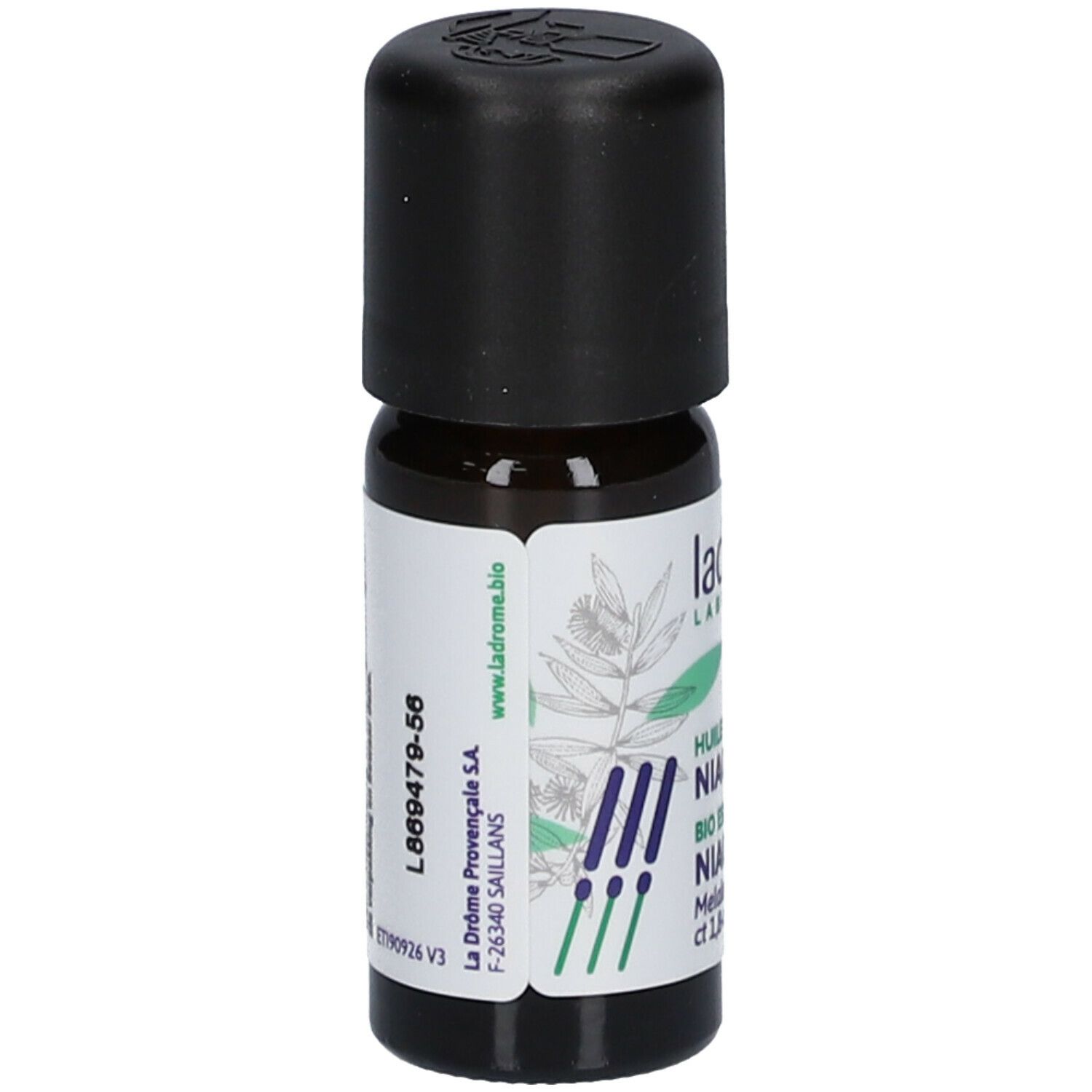 Bruine glazen fles met zwarte dop. Etiket met tekst: Niaouli, Bio essentiële olie. Logo en adres La Drôme Provençale.