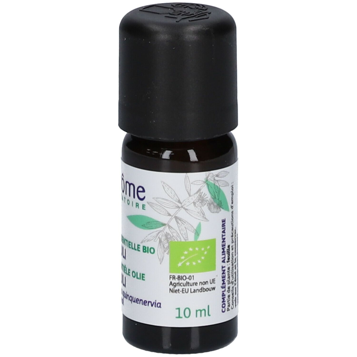 Bruine glazen fles met zwarte dop. Etiket met tekst: Niaouli, Bio essentiële olie, 10 ml, bio-certificering.
