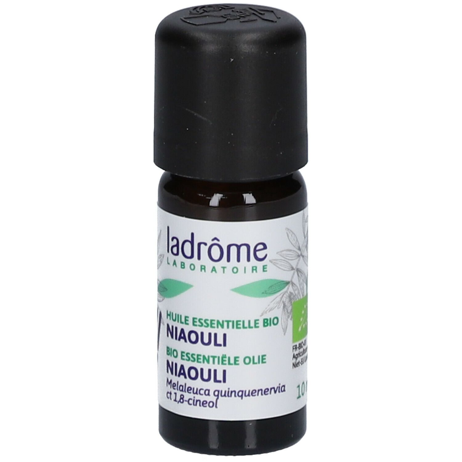 Bruine glazen fles met zwarte dop. Etiket met tekst: Niaouli, Bio essentiële olie, Melaleuca quinquenervia, 10 ml.