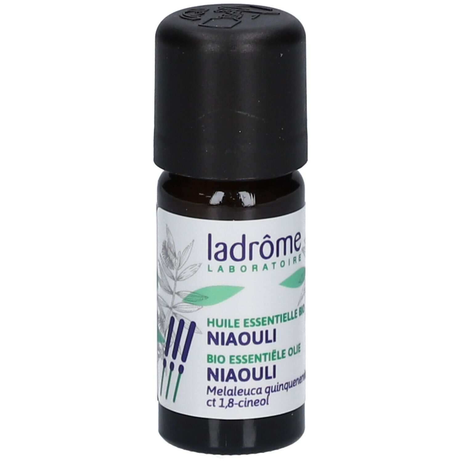 Bruine glazen fles met zwarte dop. Etiket met tekst: Niaouli, Bio essentiële olie, Melaleuca quinquenervia.
