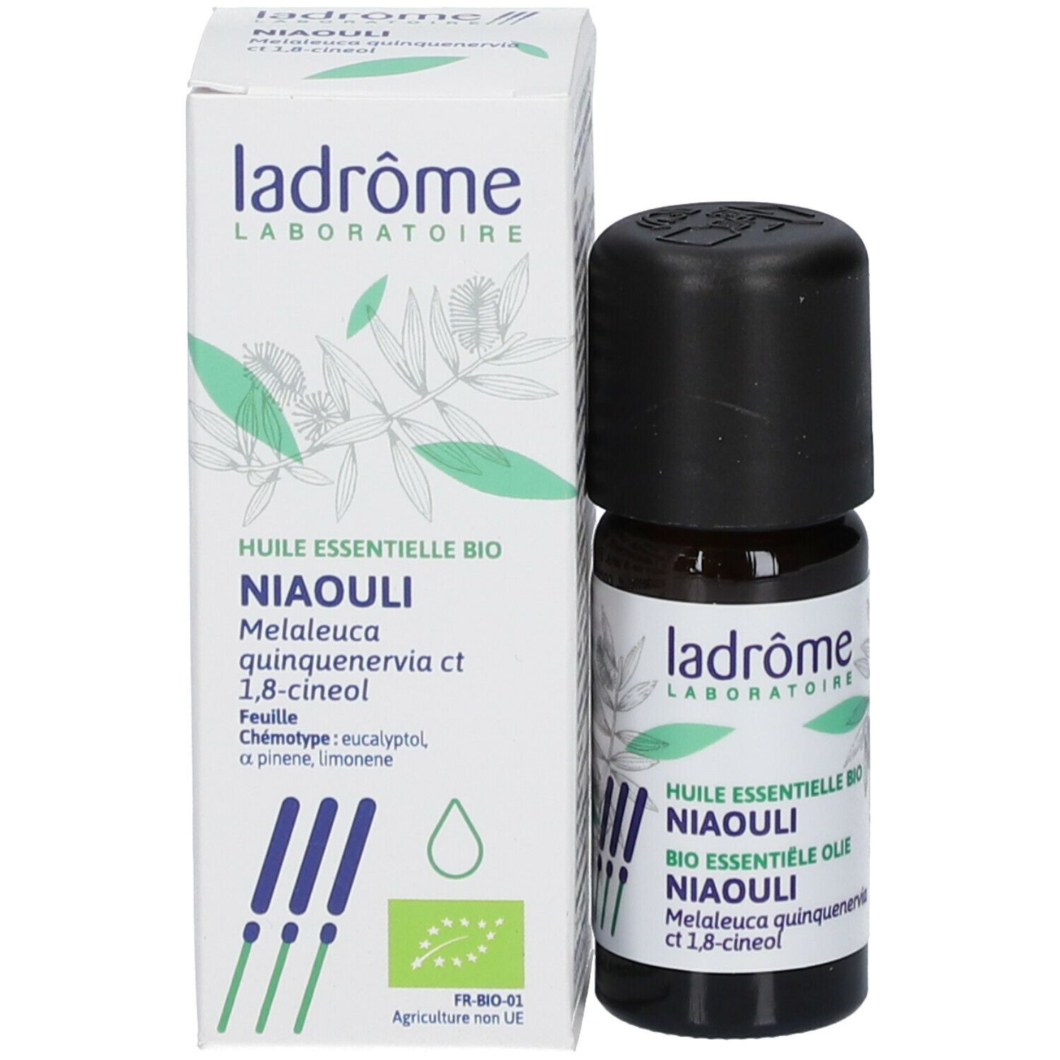 Bruine glazen fles en doos. Op de fles: Niaouli, Bio essentiële olie. Op de doos: Niaouli, Melaleuca quinquenervia.
