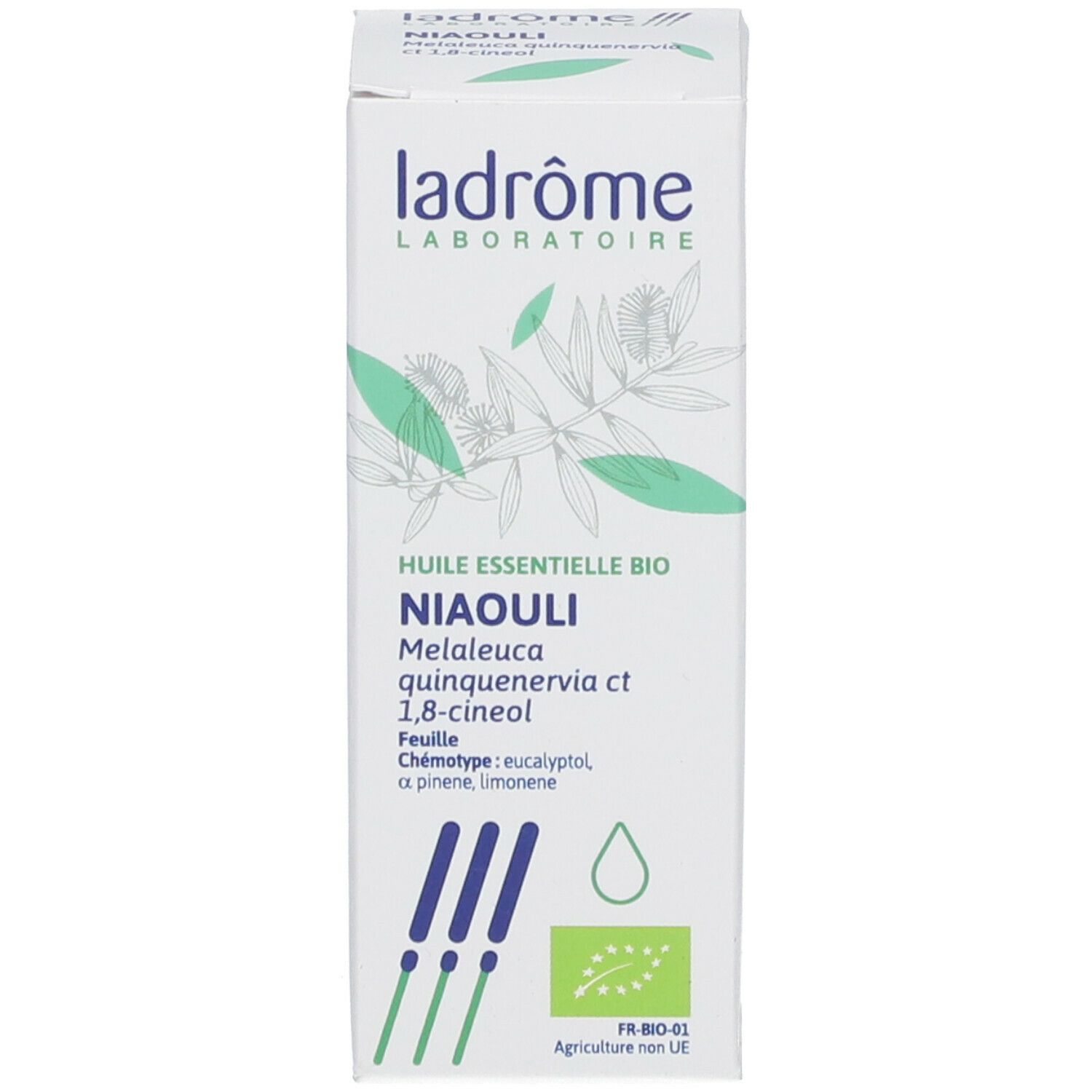 Witte doos met tekst: Niaouli, Bio essentiële olie, Melaleuca quinquenervia, bio-certificering.