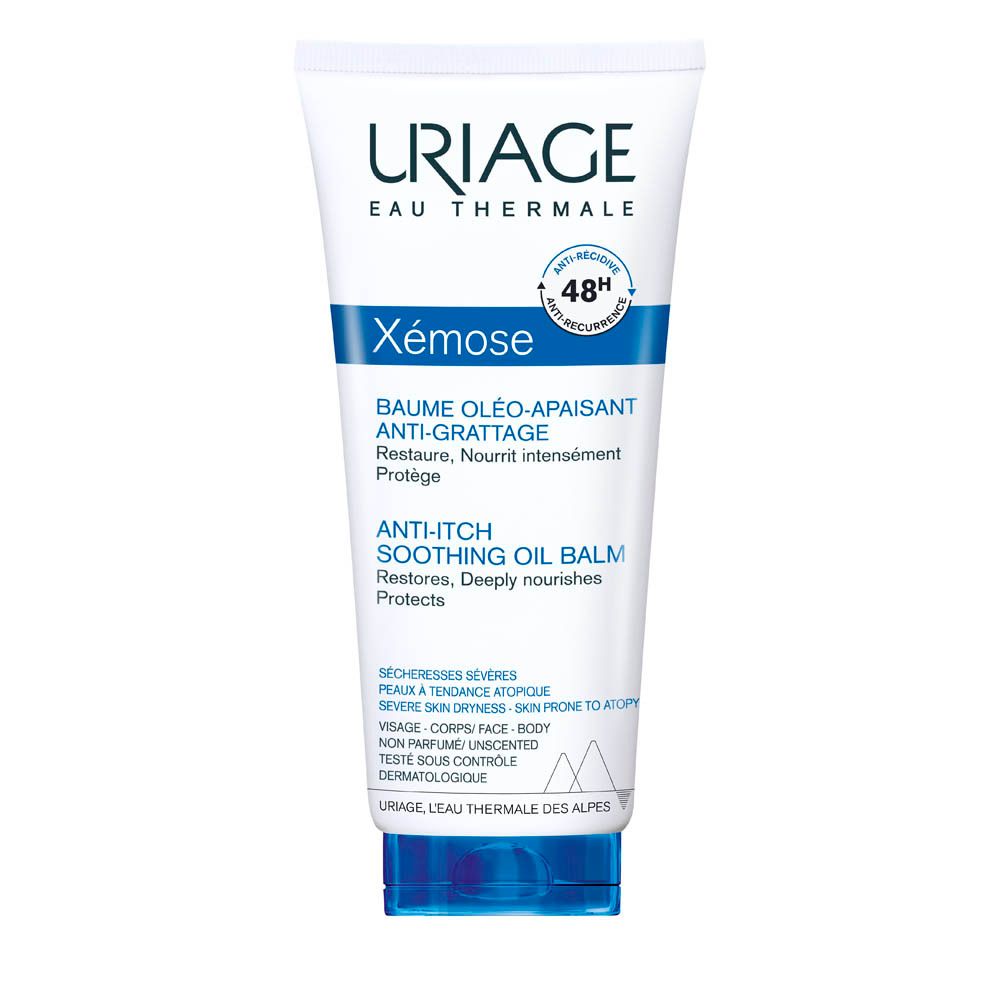 Tube blanc et bleu Uriage Xémose Baume Oléo-Apaisant Anti-Grattage. Texte sur le tube. Sceau 48h anti-récidive.