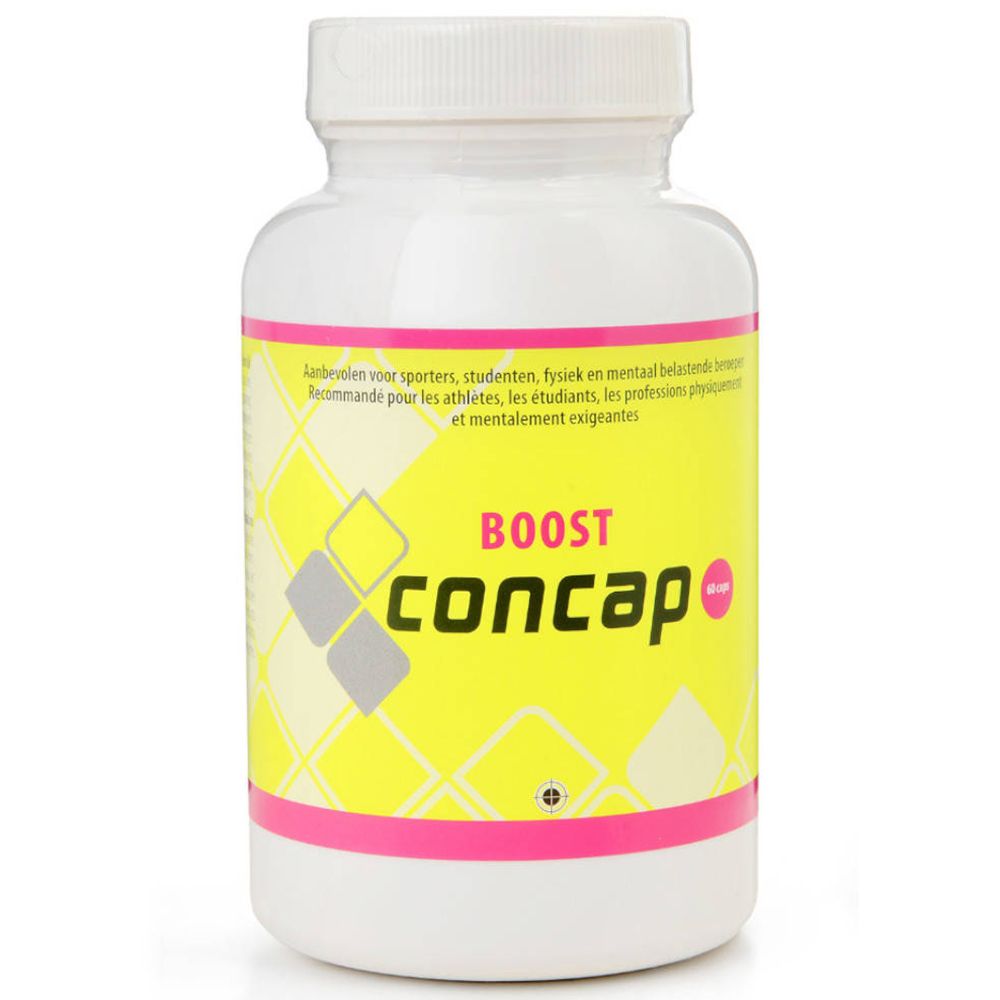 Flacon blanc avec étiquette jaune. Inscription: BOOST Concap. Accents roses. Gélules pour sportifs, étudiants, etc.