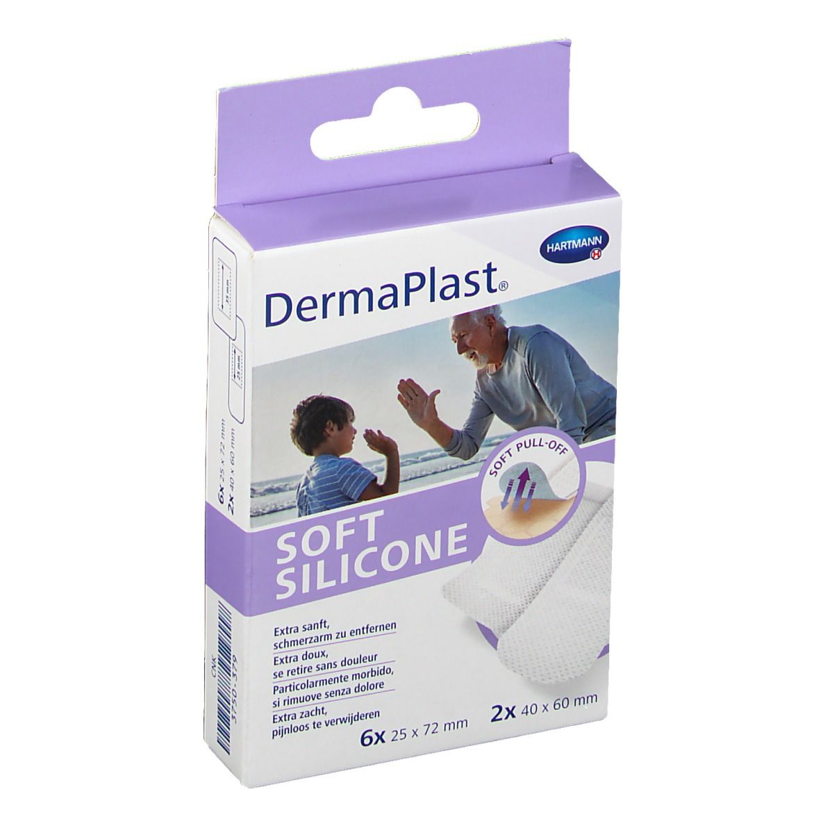 Verpakking van DermaPlast® Soft Silicone Strips-Mix. Toont productafbeelding, merk, naam en afmetingen.