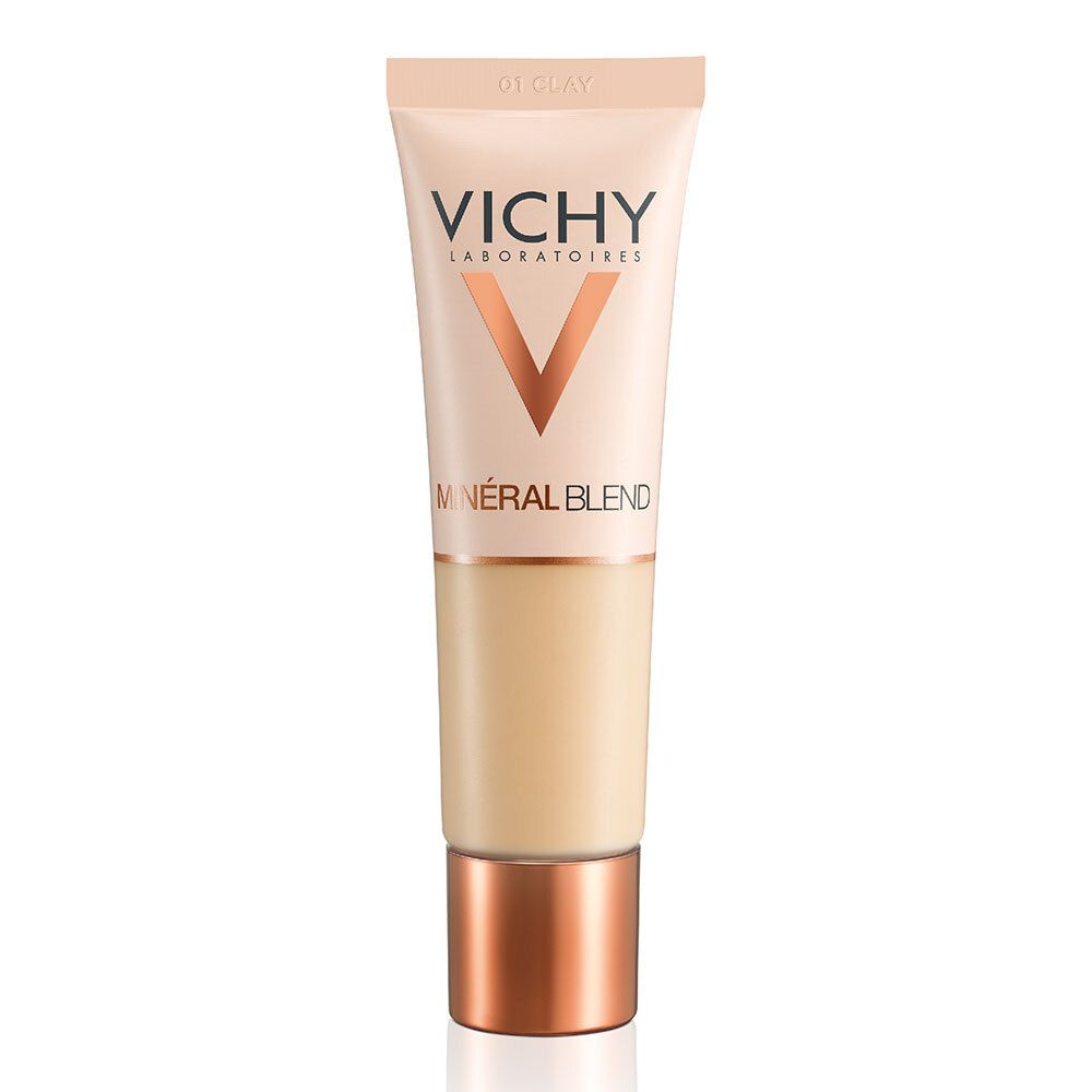 VICHY Minéralblend Make-up Fluid 01 Clay. Make-uptube. Beige en koper. Merk en productnaam zichtbaar.