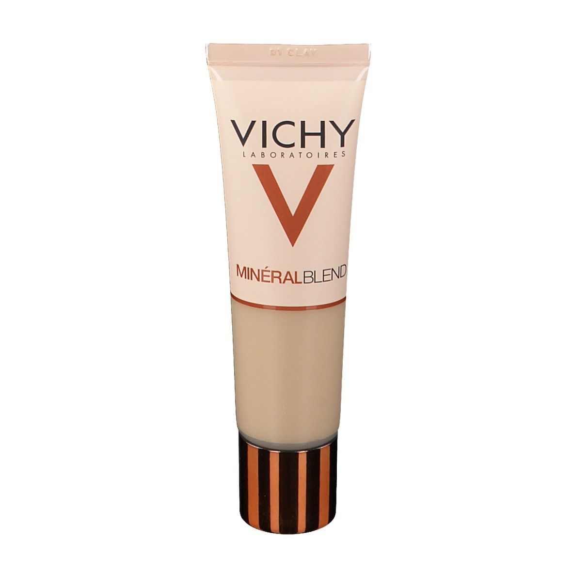 VICHY Minéralblend Make-up Fluid 01 Clay. Make-uptube. Beige en koper. Merk en productnaam zichtbaar.