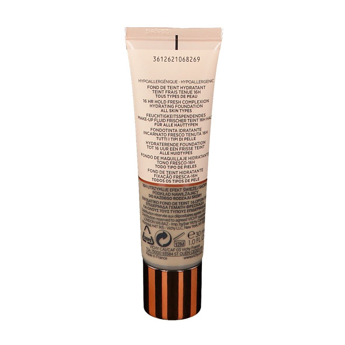Achterkant van de VICHY Minéralblend Make-up Fluid tube. Meertalige tekst. Tint 01 Clay.