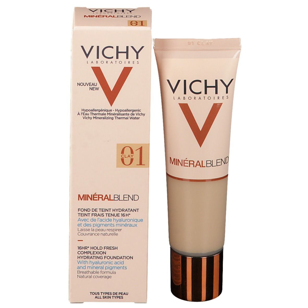 VICHY Minéralblend Make-up Fluid 01 Clay. Kartonnen verpakking en tube. Merk en productnaam zichtbaar.