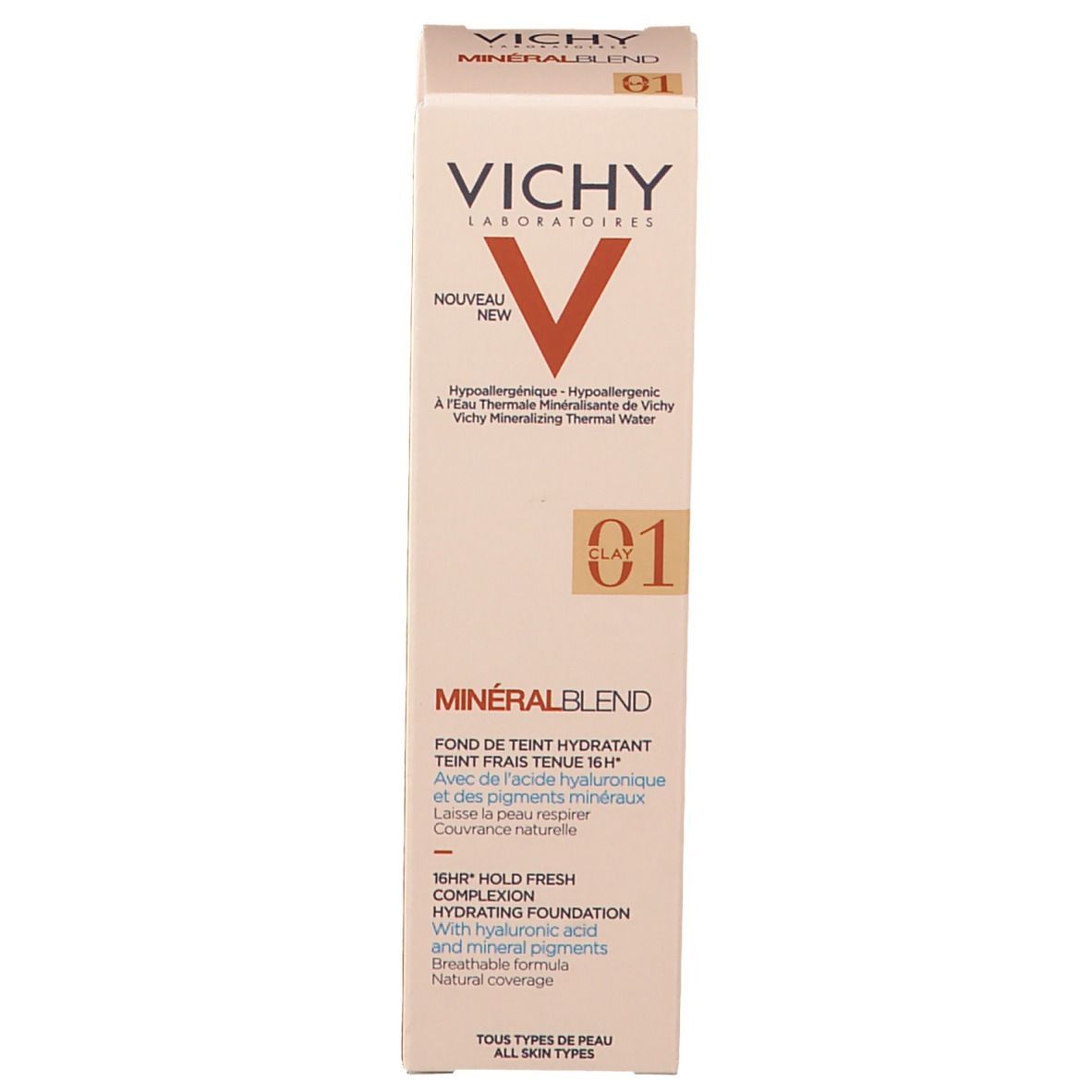 VICHY Minéralblend Make-up Fluid 01 Clay. Kartonnen verpakking. Merk en productnaam zichtbaar. Tint 01.