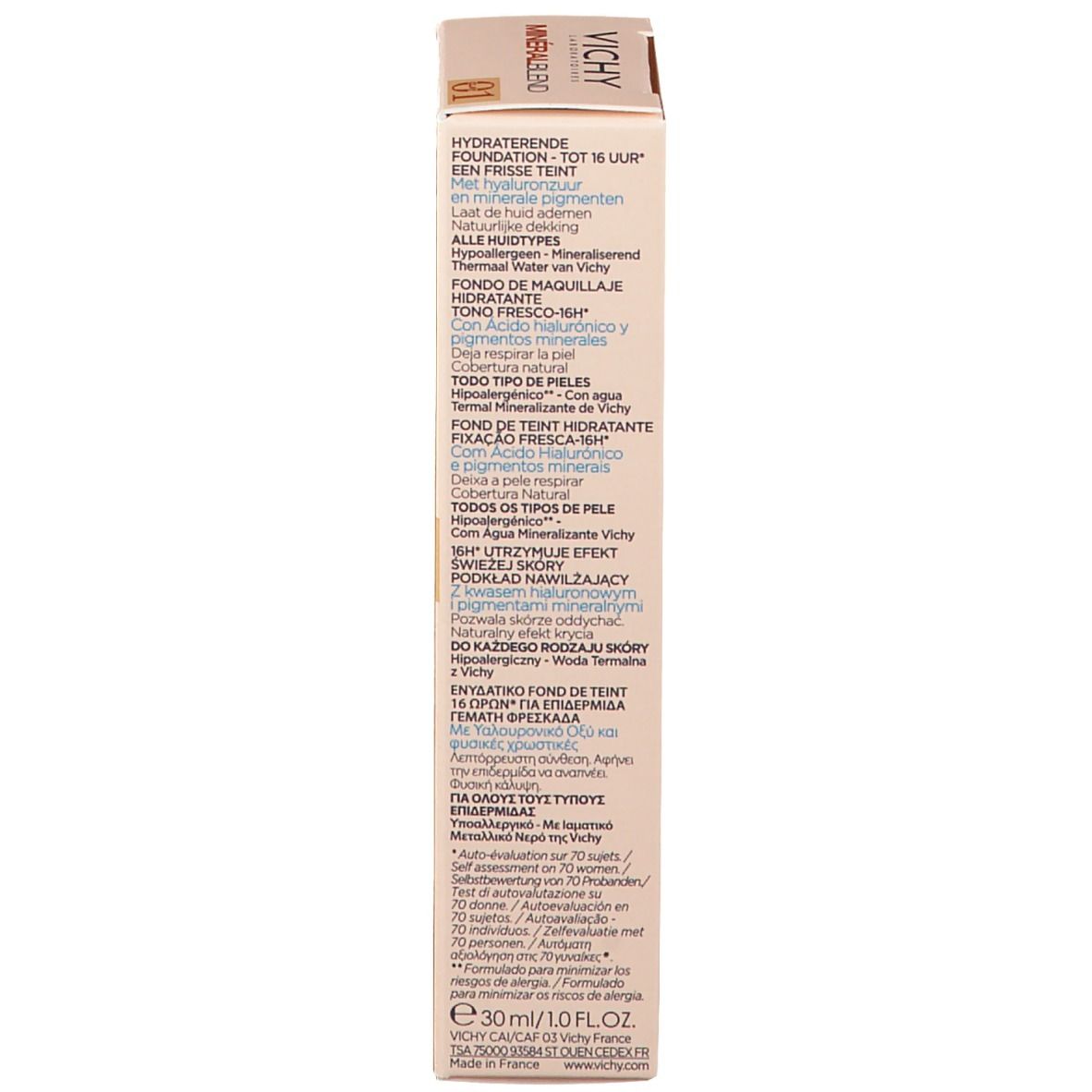 Achterkant van de VICHY Minéralblend Make-up Fluid tube. Meertalige tekst. Tint 01 Clay.