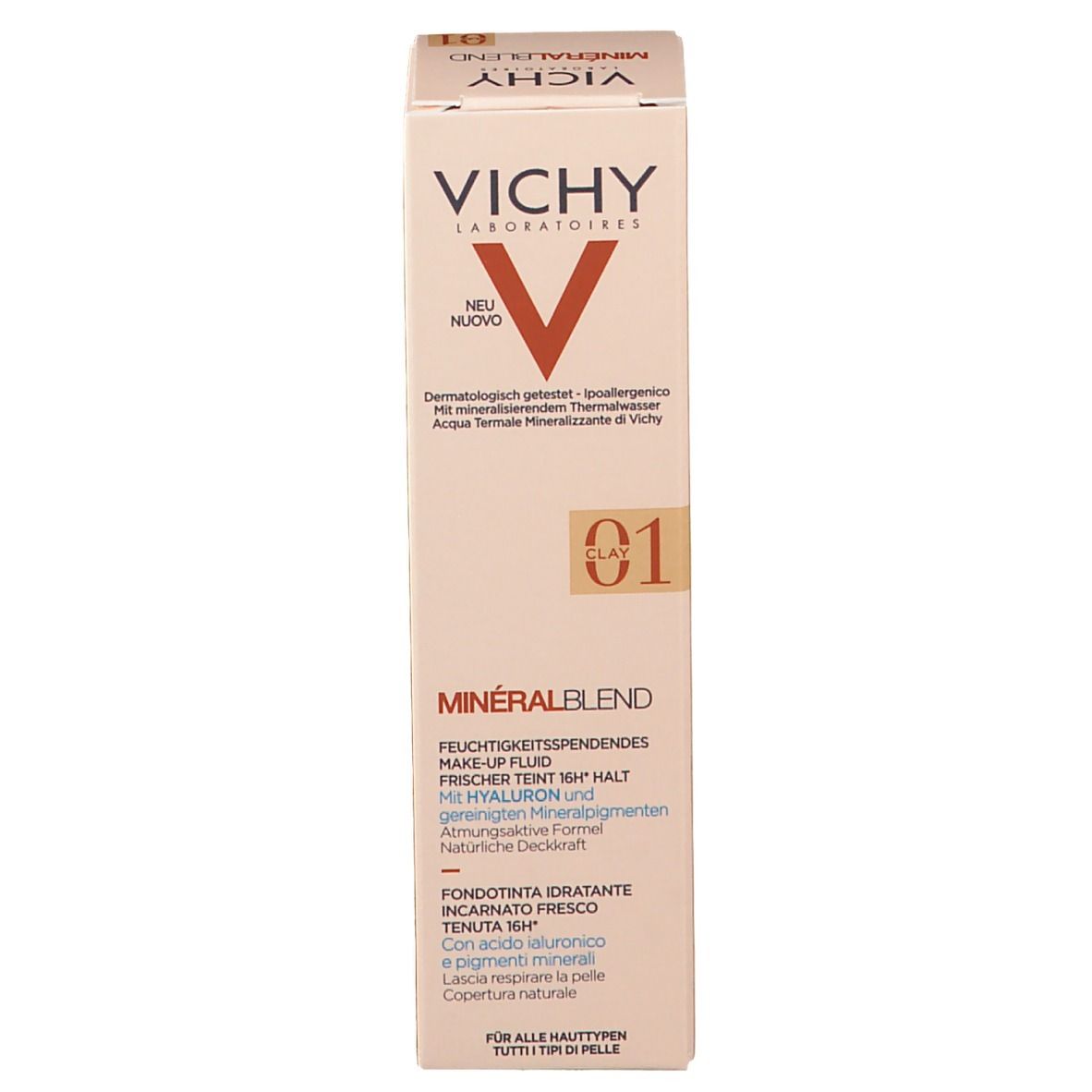 VICHY Minéralblend Make-up Fluid 01 Clay. Make-uptube. Beige en koper. Merk en productnaam zichtbaar.