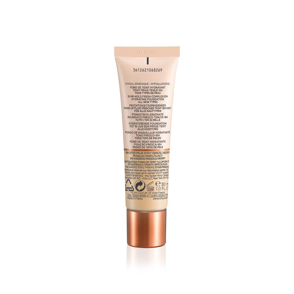 VICHY Minéralblend Make-up Fluid 01 Clay. Make-uptube. Beige en koper. Merk en productnaam zichtbaar.
