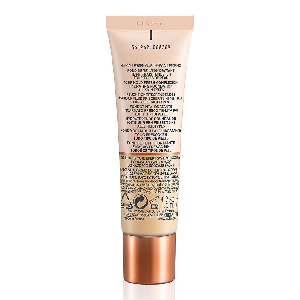 Achterkant van de VICHY Minéralblend Make-up Fluid tube. Meertalige tekst. Tint 01 Clay.