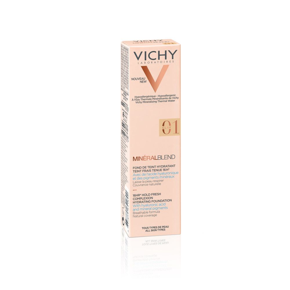 VICHY Minéralblend Make-up Fluid 01 Clay. Kartonnen verpakking. Merk en productnaam zichtbaar. Tint 01.