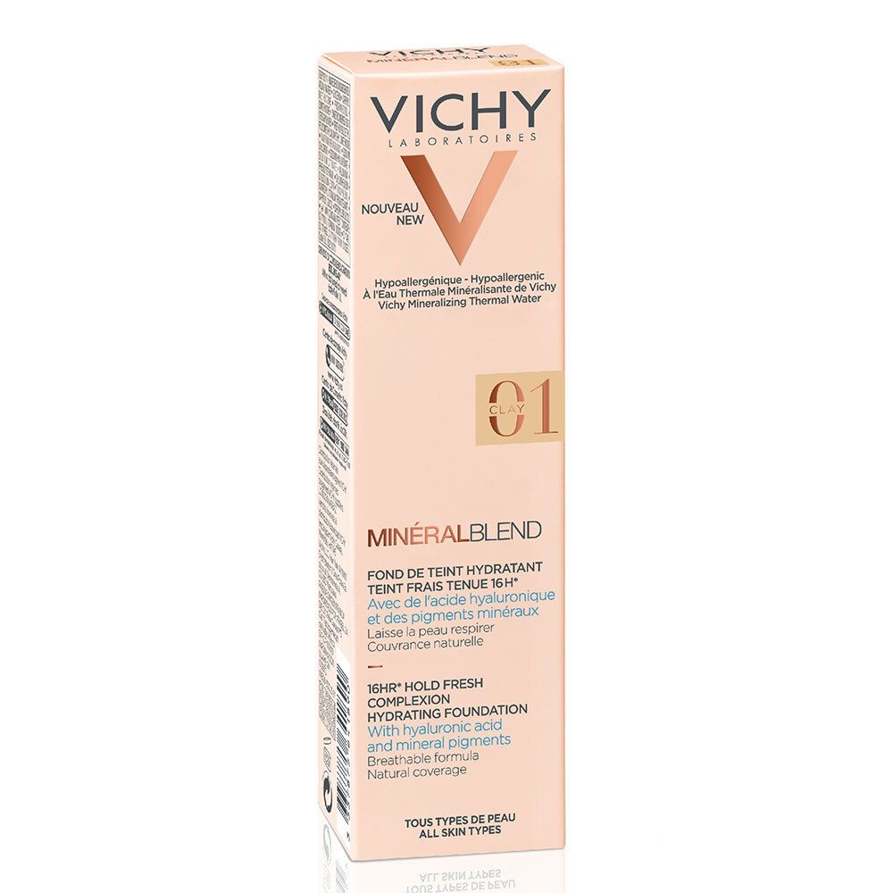 VICHY Minéralblend Make-up Fluid 01 Clay. Kartonnen verpakking. Merk en productnaam zichtbaar. Tint 01.