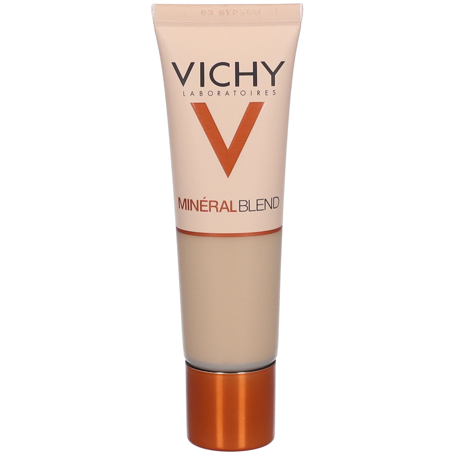 VICHY Minéralblend Make-up Fluid 03 gypsum. Tube avec informations produit. Tube rose avec bouchon bronze.