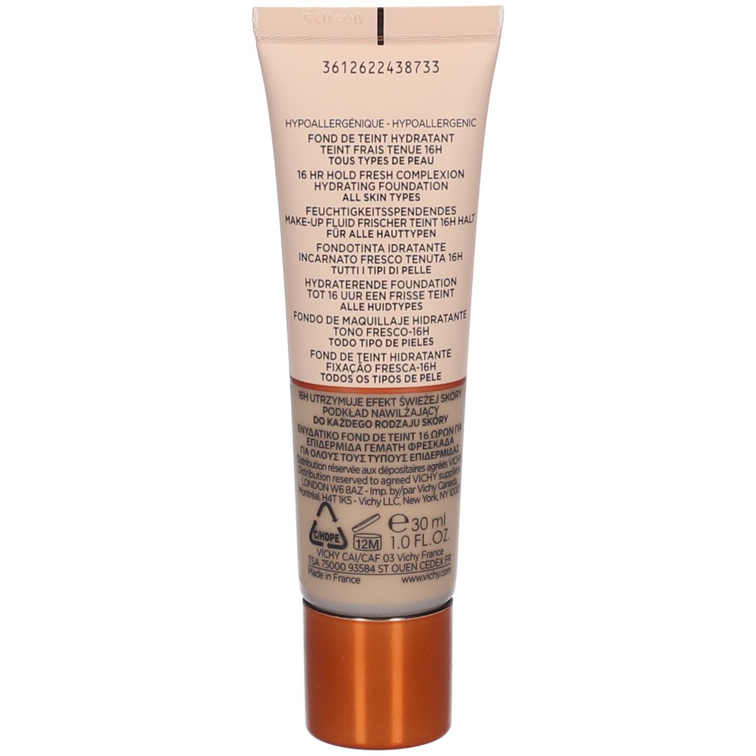 VICHY Minéralblend Make-up Fluid 03 gypsum. Dos du tube. Informations sur le produit.