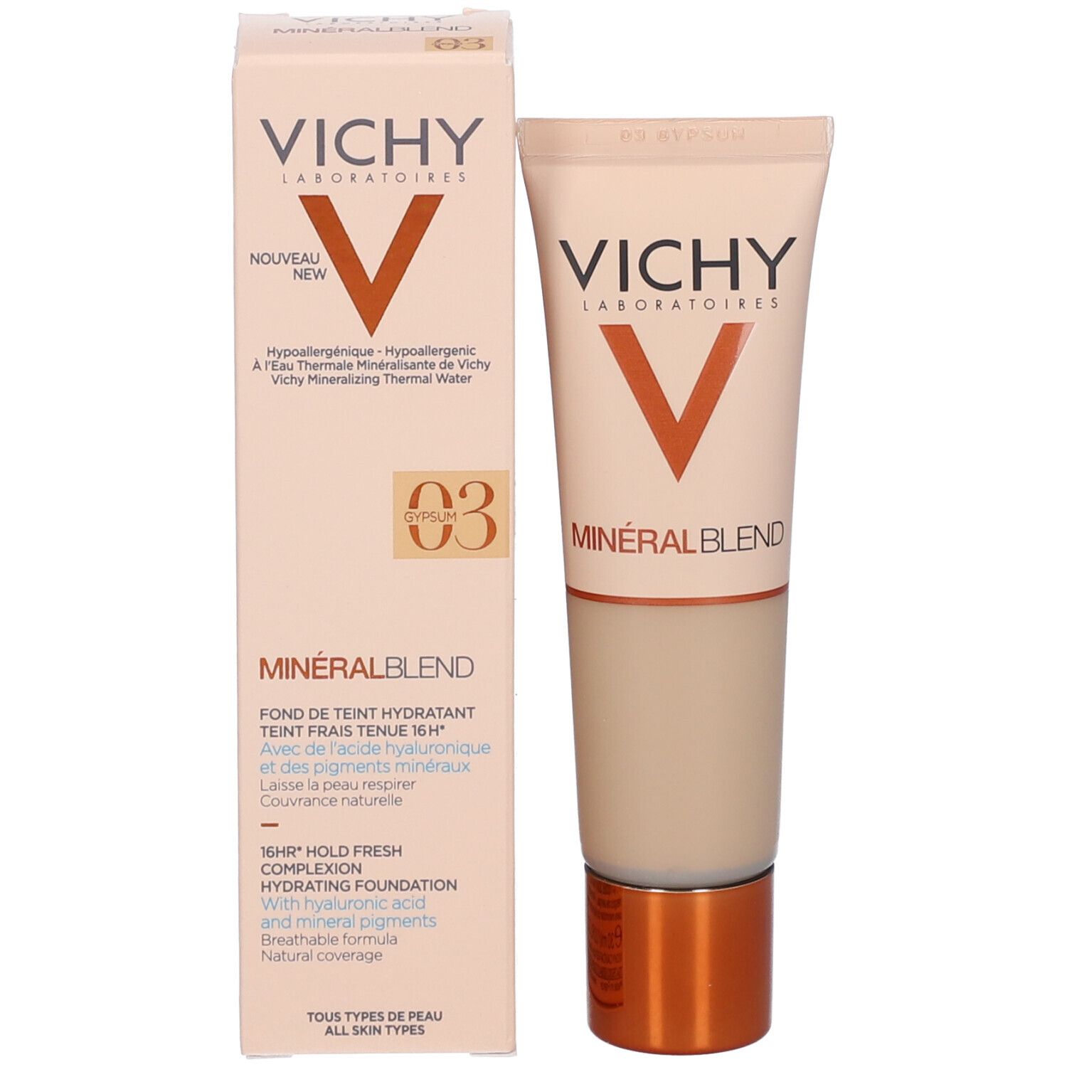 VICHY Minéralblend Make-up Fluid 03 gypsum. Emballage et tube. Emballage rose avec informations produit.