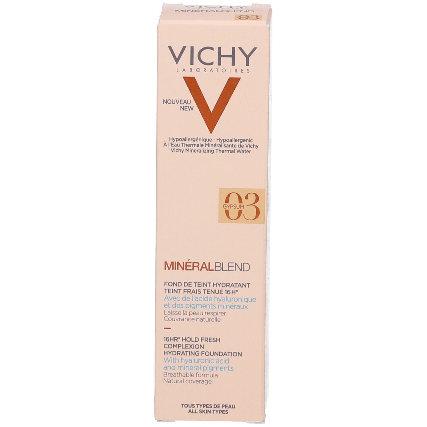 VICHY Minéralblend Make-up Fluid 03 gypsum. Emballage. Informations produit et ingrédients.