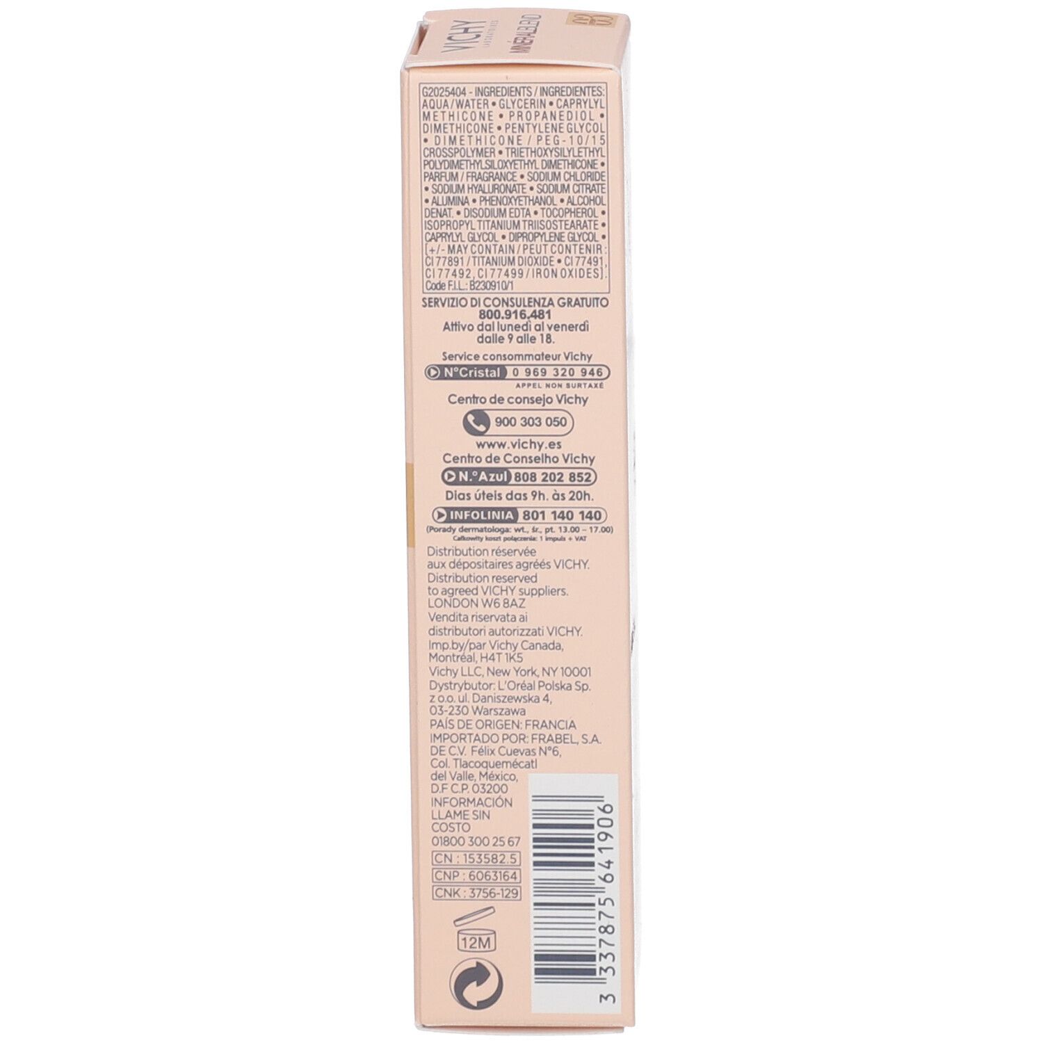VICHY Minéralblend Make-up Fluid 03 gypsum. Emballage. Dos avec informations produit.