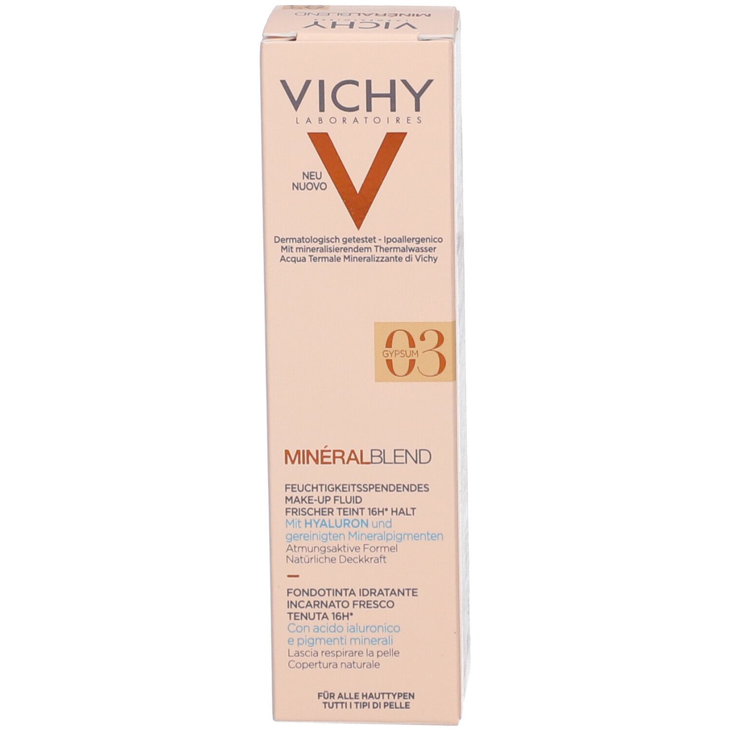 VICHY Minéralblend Make-up Fluid 03 gypsum. Emballage. Dos avec informations produit.