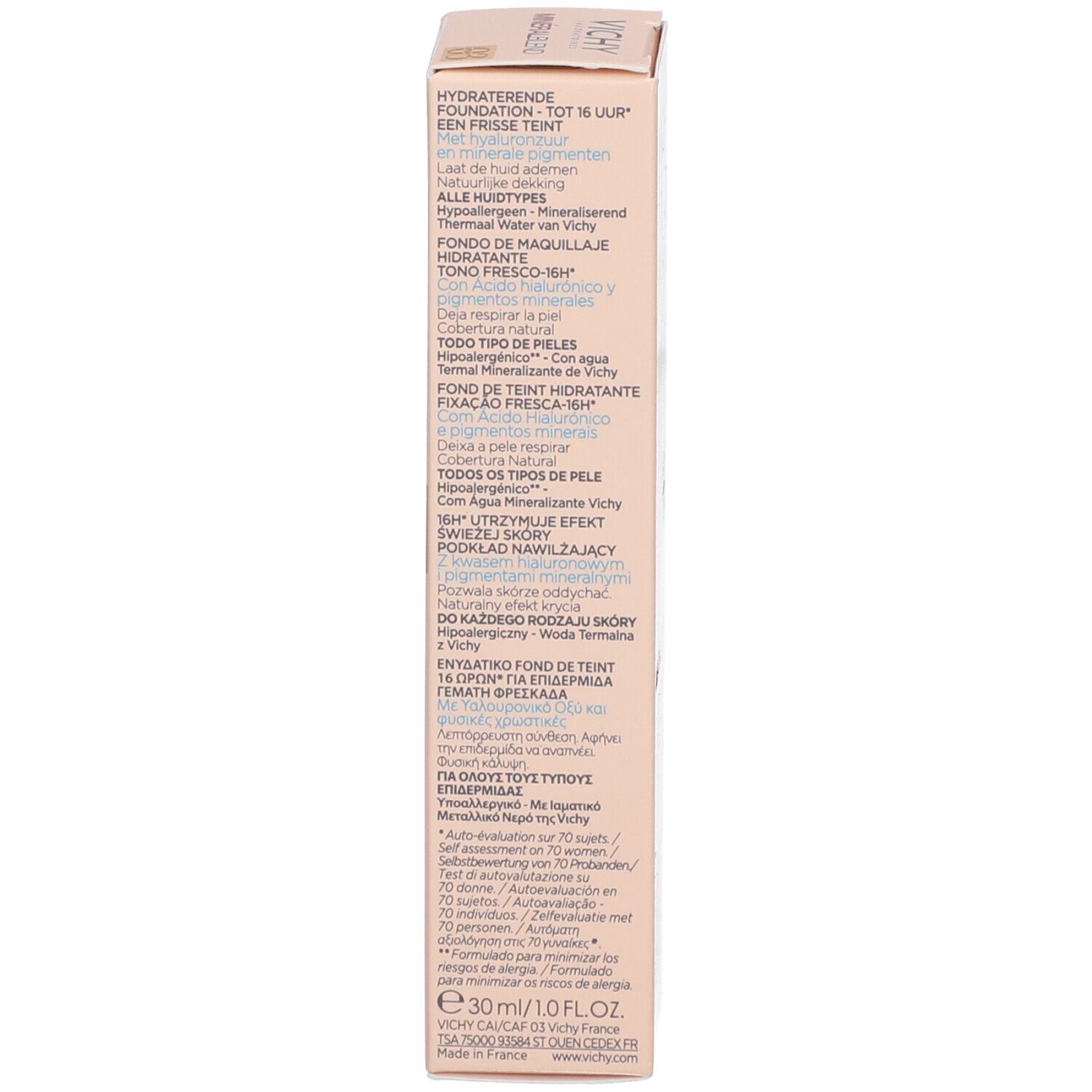 VICHY Minéralblend Make-up Fluid 03 gypsum. Emballage et tube. Emballage rose avec informations produit.