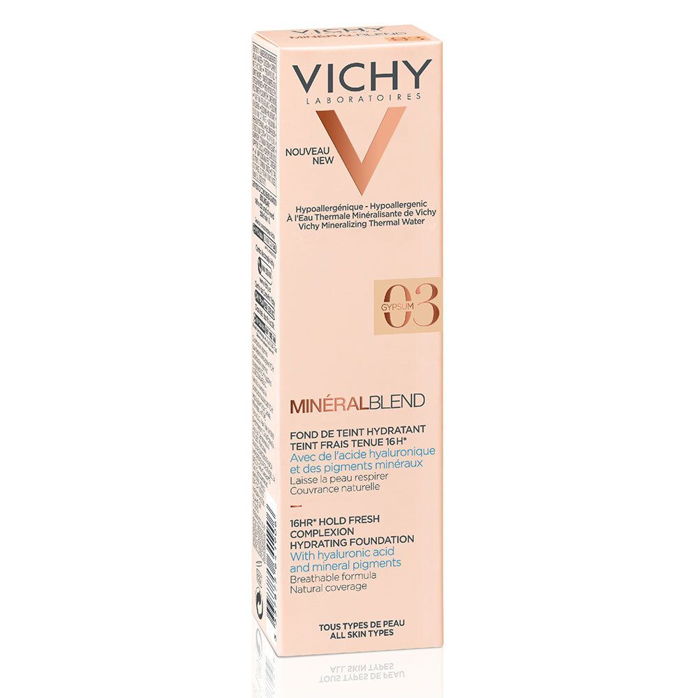 VICHY Minéralblend Make-up Fluid 03 gypsum. Emballage avec informations produit. Teinte 03. Emballage rose clair.
