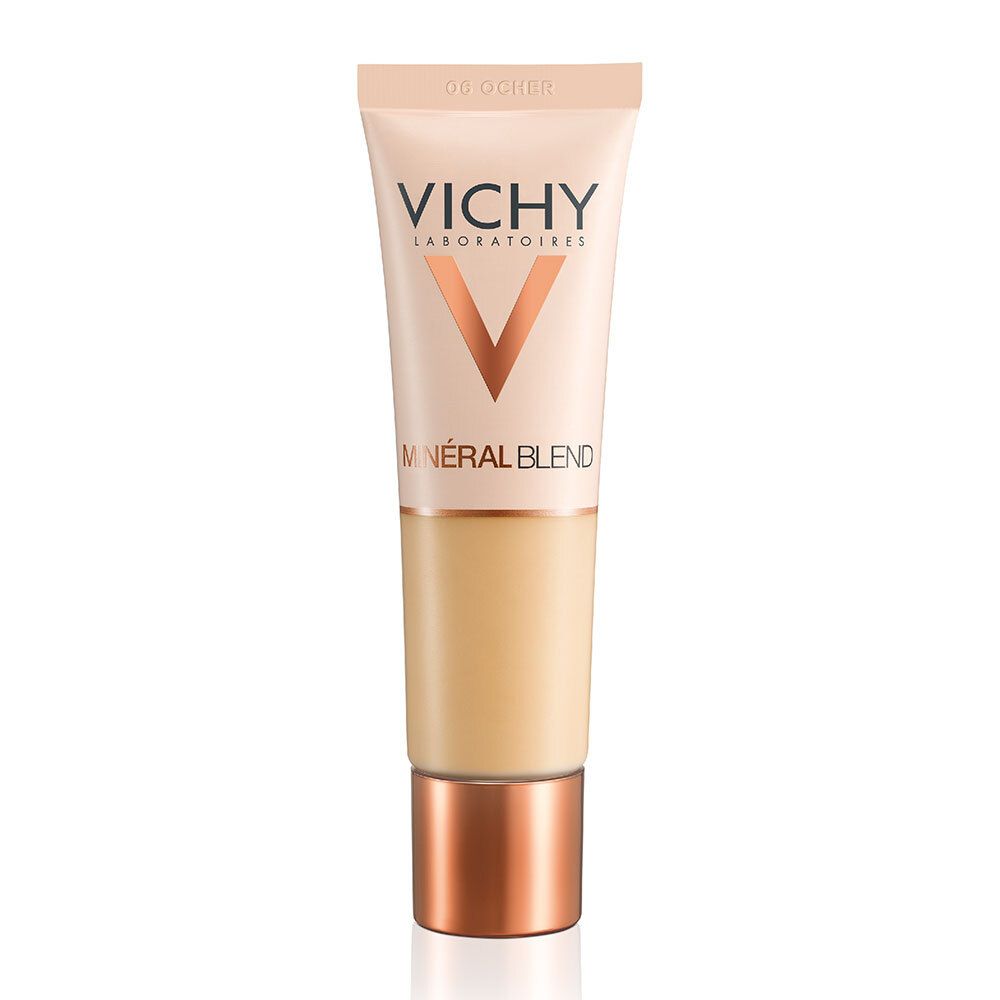 VICHY Minéralblend Make-up Fluid 06 ocher. Tube beige et cuivré. Nom du produit et logo visibles.