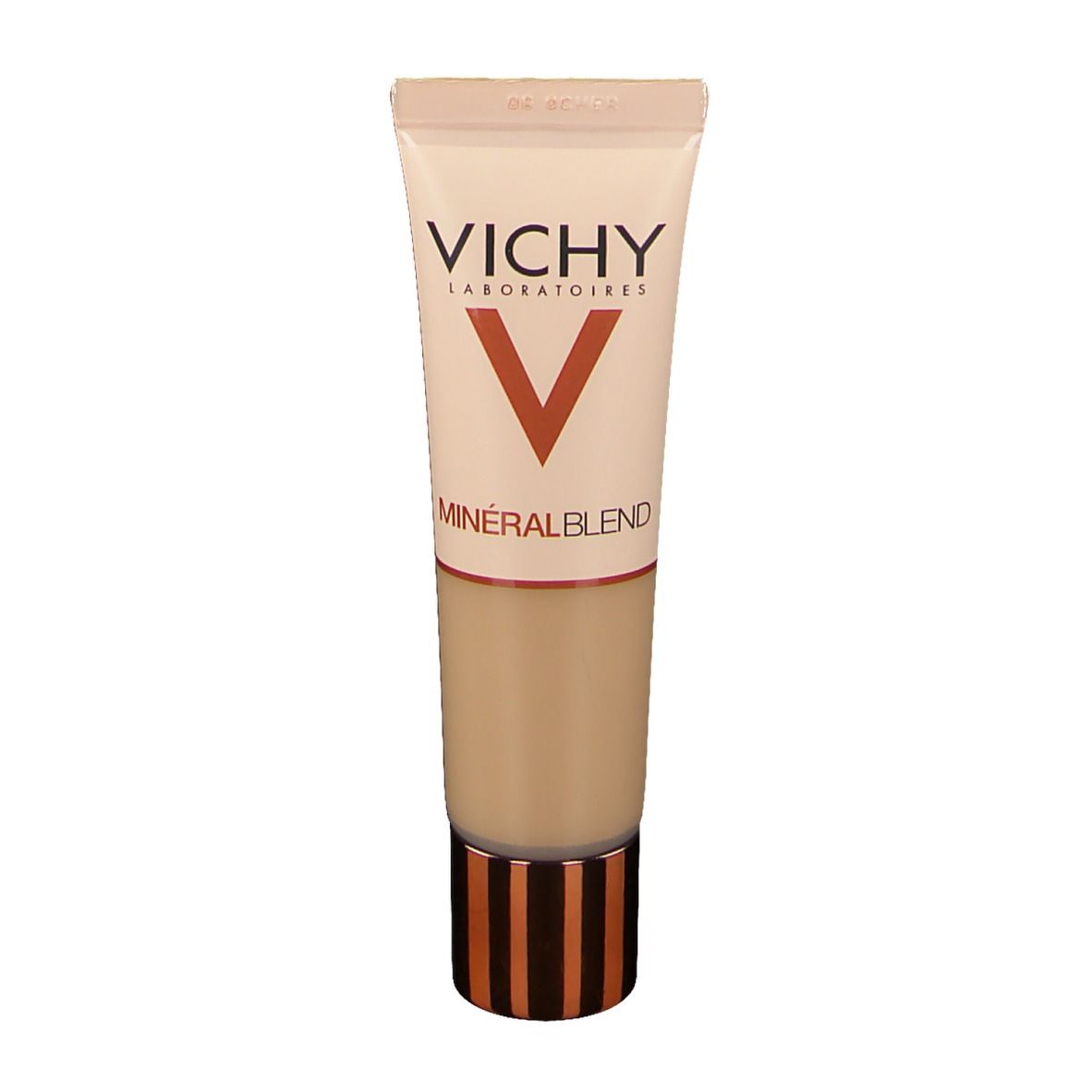 VICHY Minéralblend Make-up Fluid 06 ocher. Tube avec bouchon cuivré. Nom et logo visibles.