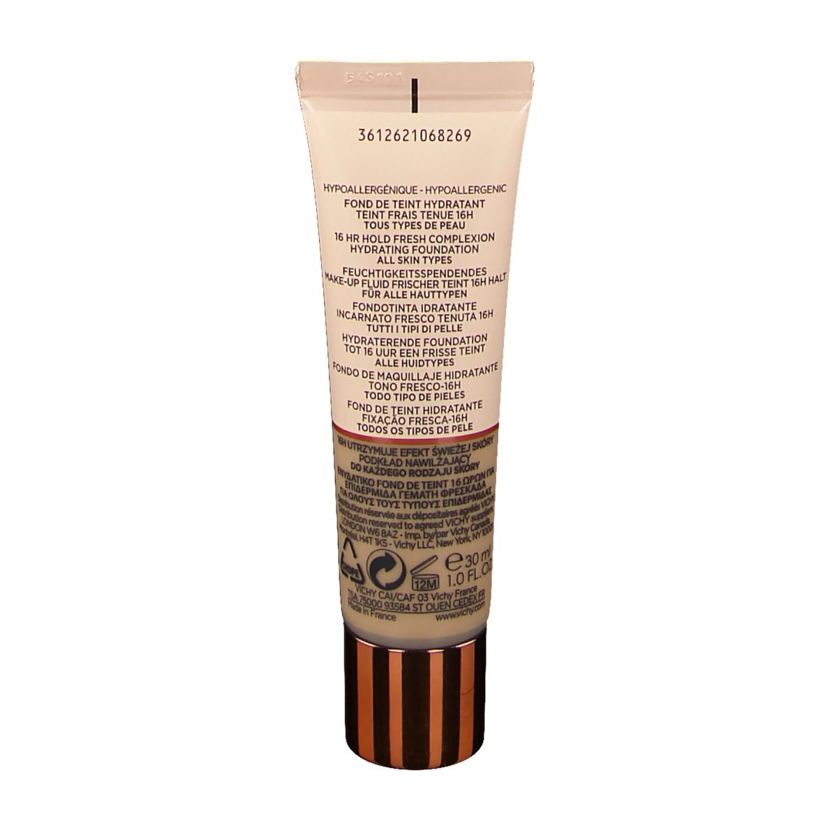 VICHY Minéralblend Make-up Fluid 06 ocher. Dos du tube avec informations produit. Texte visible.