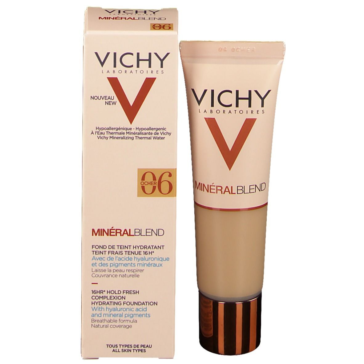 VICHY Minéralblend Make-up Fluid 06 ocher. Tube et emballage côte à côte. Nom et logo visibles.