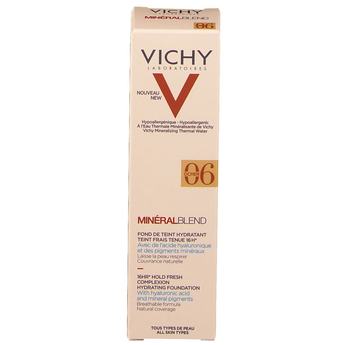 VICHY Minéralblend Make-up Fluid 06 ocher. Emballage avec informations produit. Logo et nom visibles.