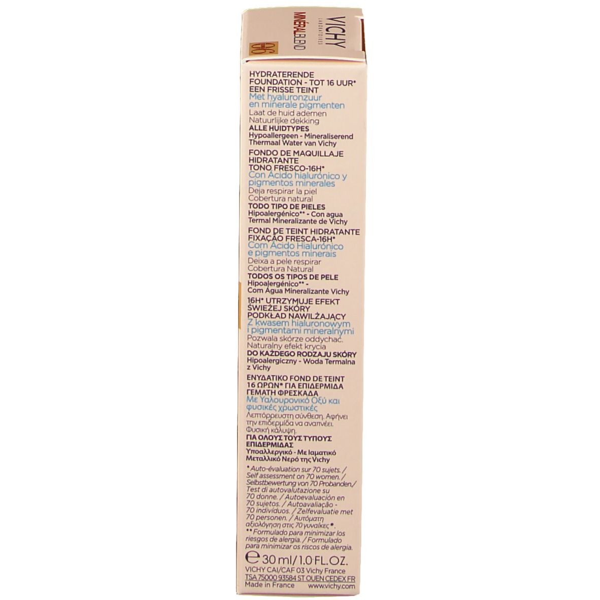 VICHY Minéralblend Make-up Fluid 06 ocher. Dos de l'emballage. Informations produit en plusieurs langues.