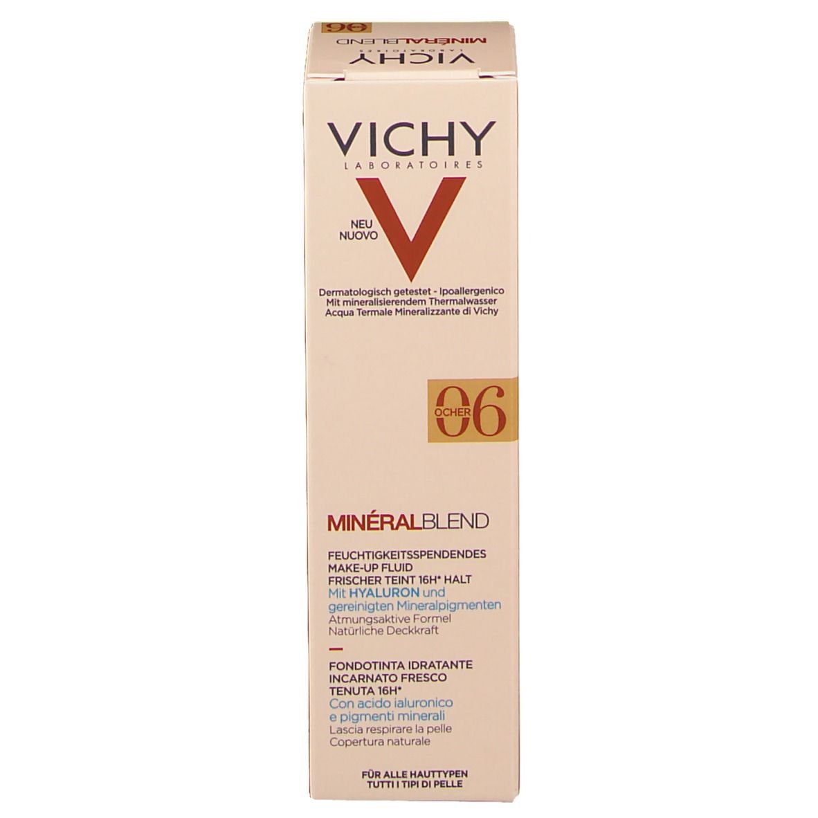 VICHY Minéralblend Make-up Fluid 06 ocher. Emballage avec informations produit. Logo et nom visibles.