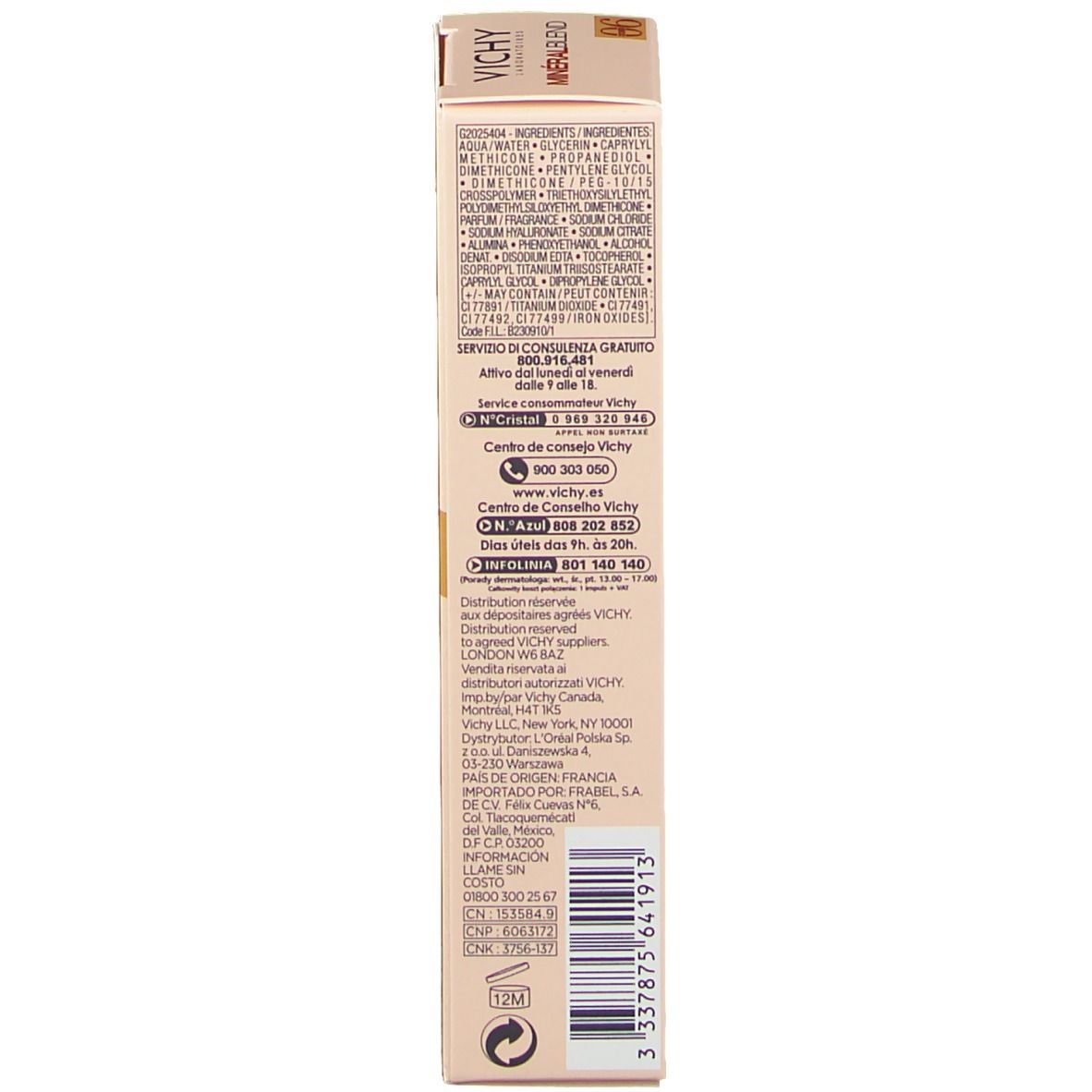 VICHY Minéralblend Make-up Fluid 06 ocher. Dos de l'emballage. Informations produit en plusieurs langues.