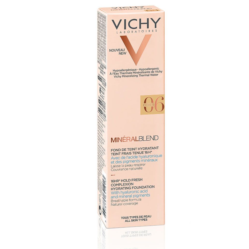 VICHY Minéralblend Make-up Fluid 06 ocher. Emballage carton avec informations produit. Logo et nom visibles.