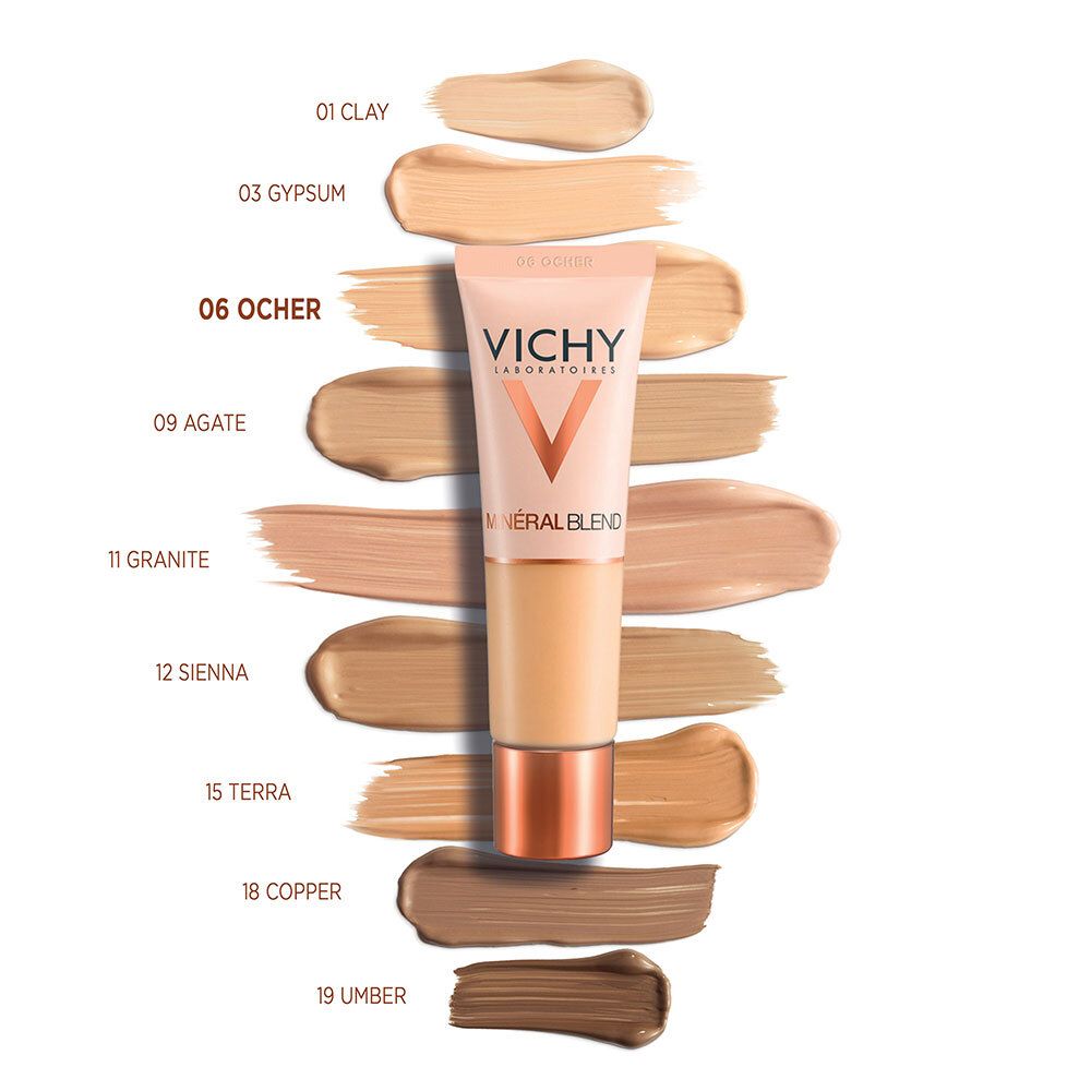 VICHY Minéralblend Make-up Fluid 06 ocher. Palette de couleurs avec différentes teintes. Produit et teintes visibles.
