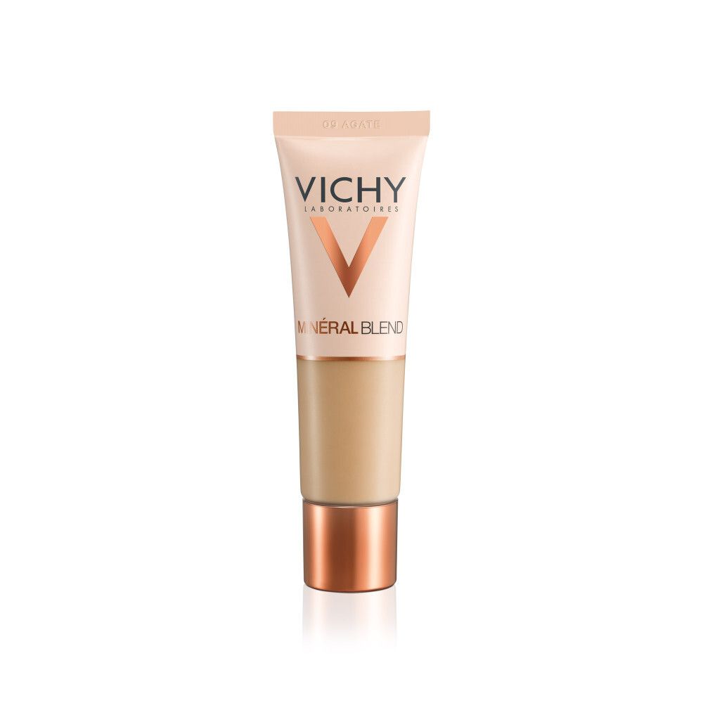 Fond de teint VICHY Minéralblend 09 agate. Tube avec informations produit.