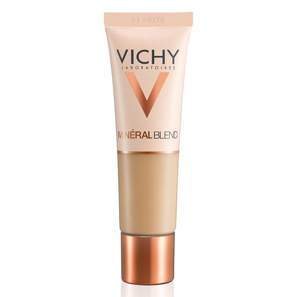 Tube de fond de teint VICHY Minéralblend 09 agate. Tube beige avec base cuivrée.