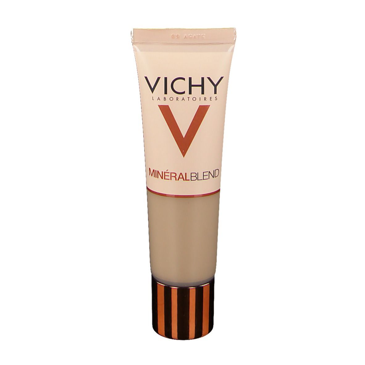 Fond de teint VICHY Minéralblend 09 agate. Tube avec informations produit.