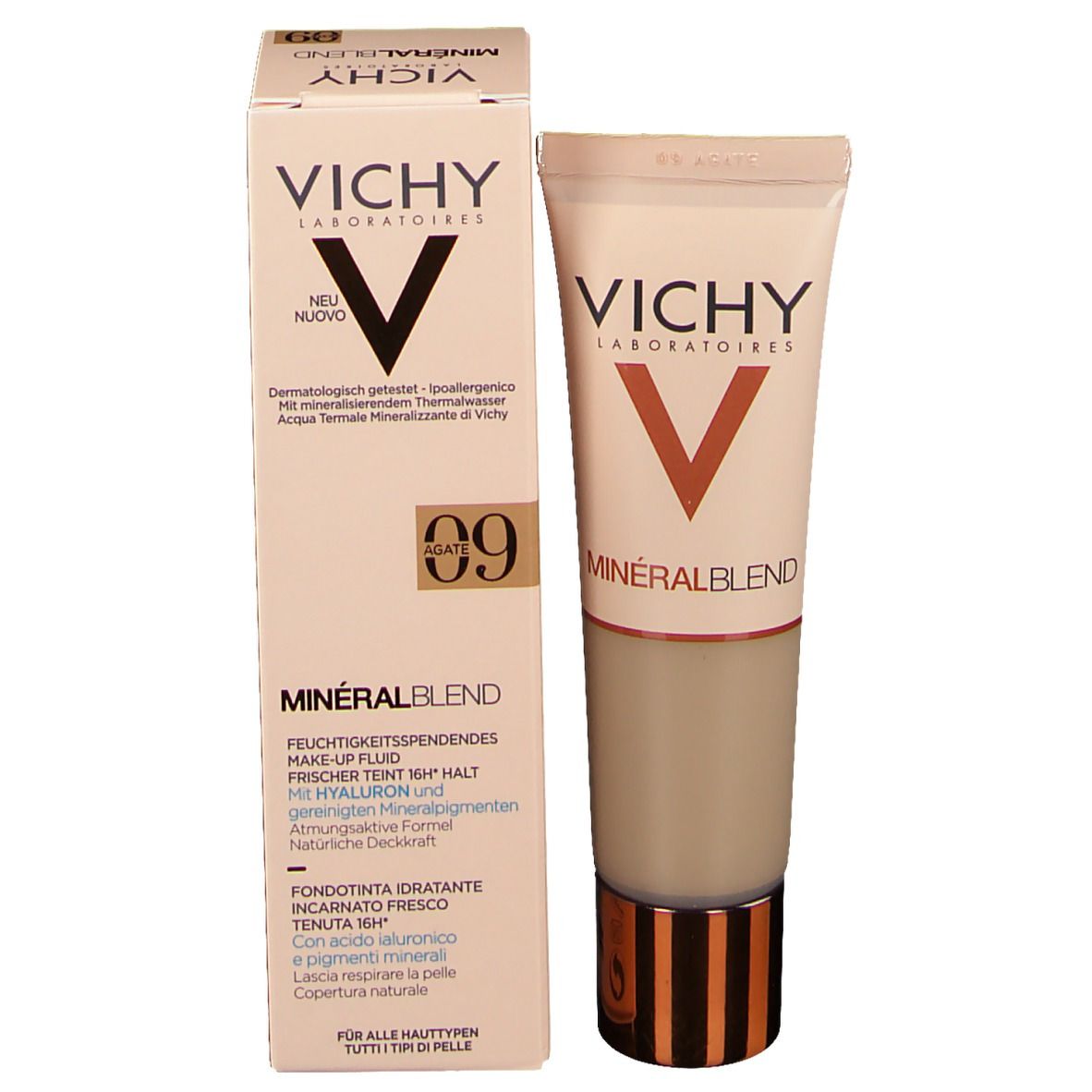 Fond de teint VICHY Minéralblend 09 agate et emballage. Produit et boîte.